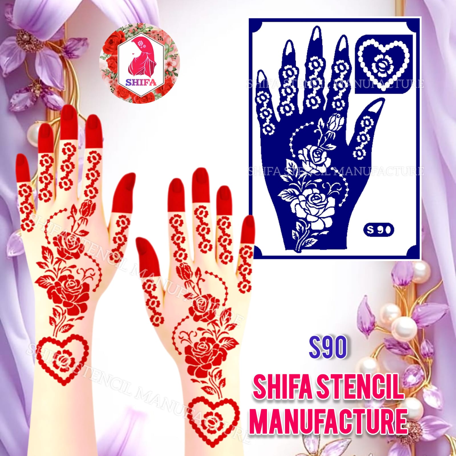 S90 Floral Heart Trail Design Sticker Overview Henna Stencil - Shifa Stencil